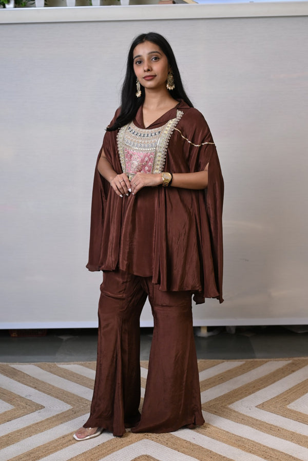 Flared Cape Style Brown Co-ord Set