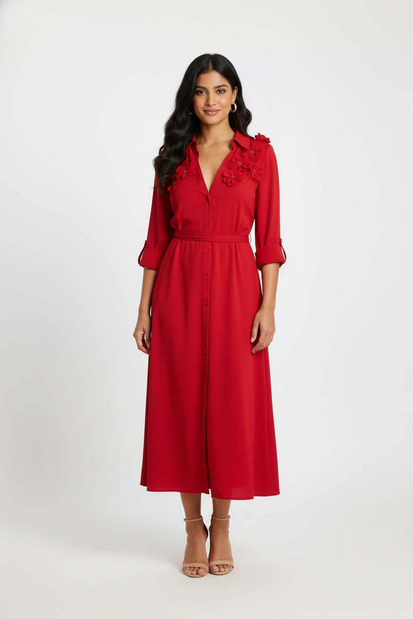 The Crimson Bloom Shirt Dress