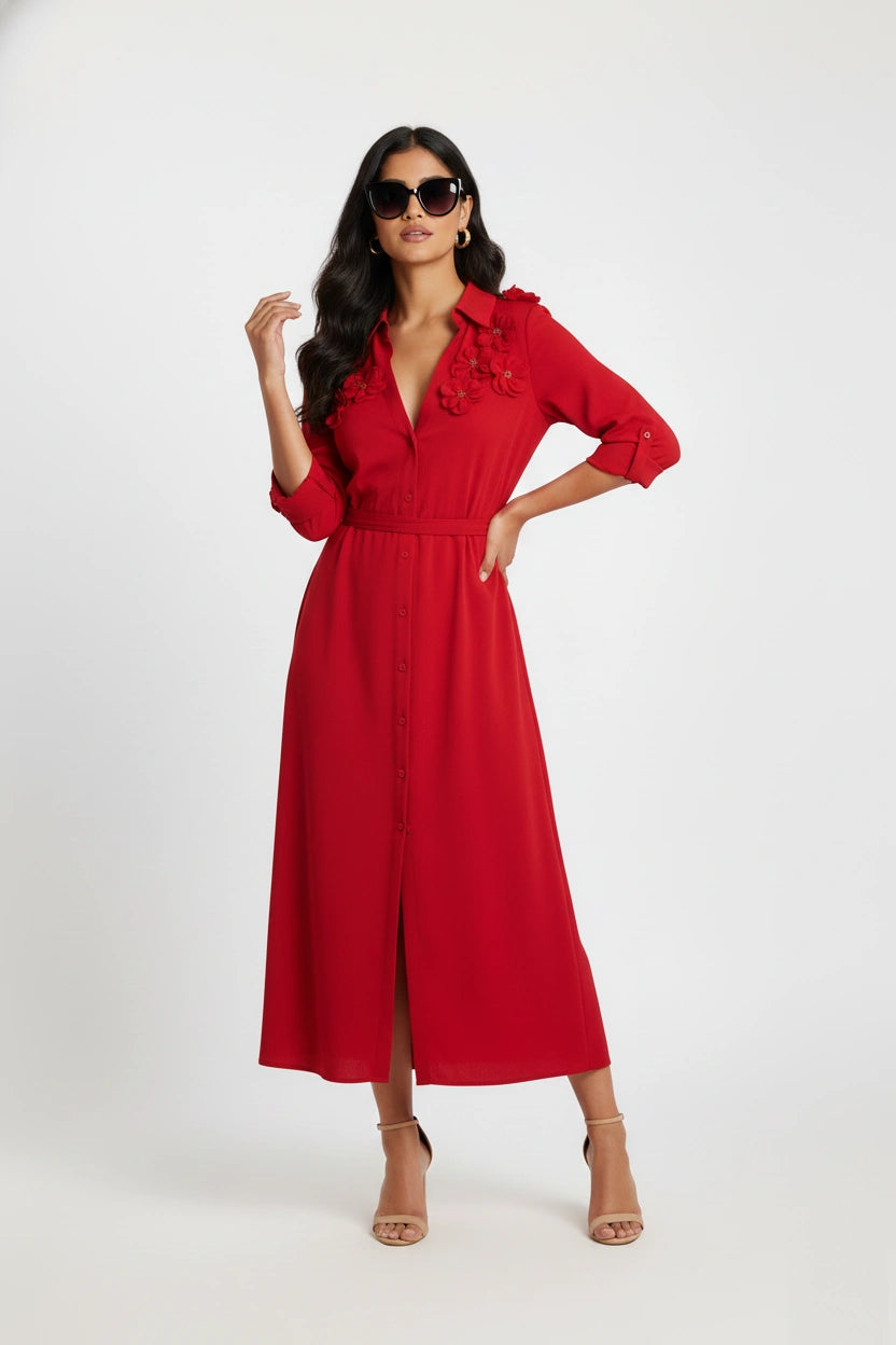 The Crimson Bloom Shirt Dress