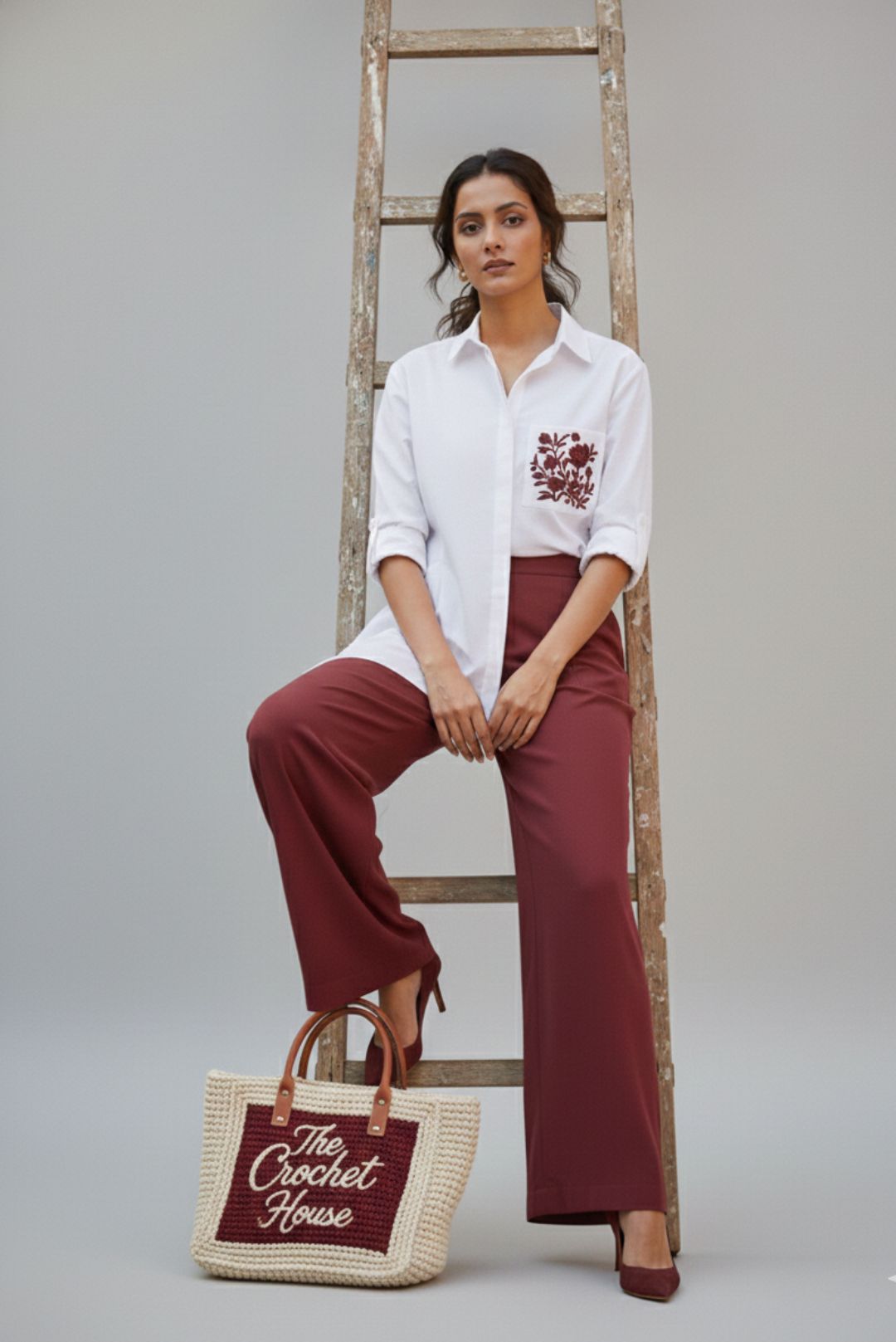 Pearl white shirt and Burgundy Garden Coord set