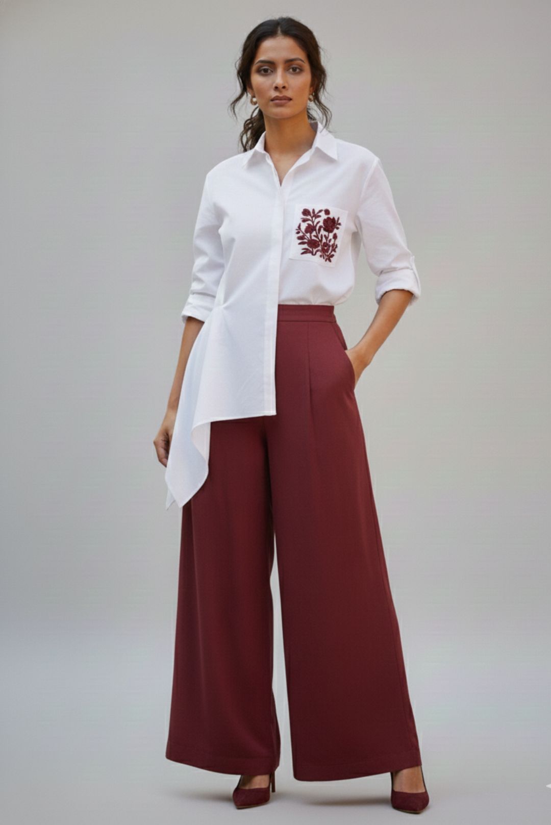 Pearl white shirt and Burgundy Garden Coord set