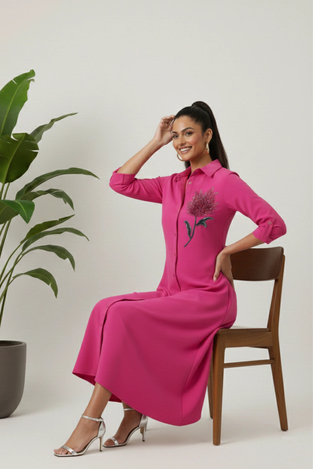 The Flora Noir Midi Shirt Dress