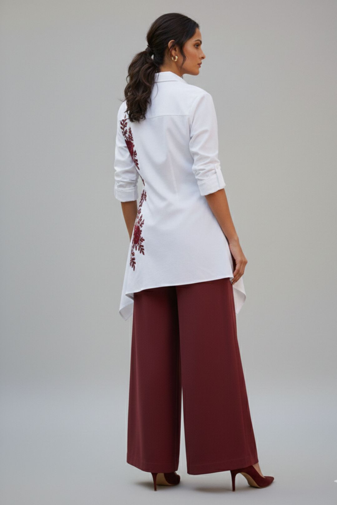 Pearl white shirt and Burgundy Garden Coord set