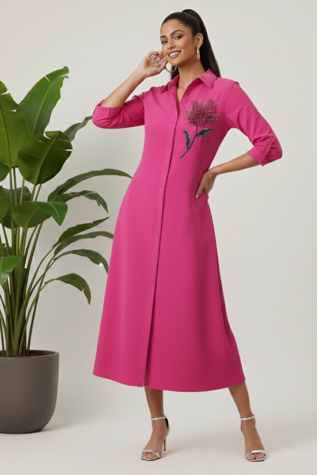 The Flora Noir Midi Shirt Dress