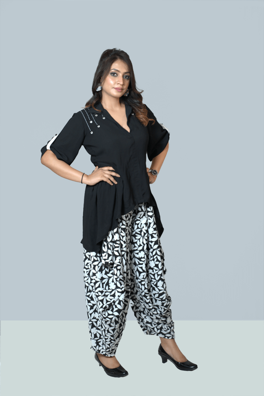 Black Asymmetrical top with Printed Dhoti Pants Co-Ord Set