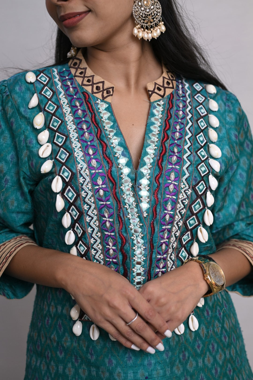 Teal Shell Work Dhoti Co-ord Set