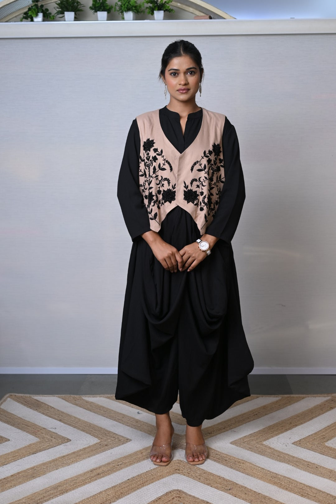 Black Cowl Dress with Nude Embroidered Jacket