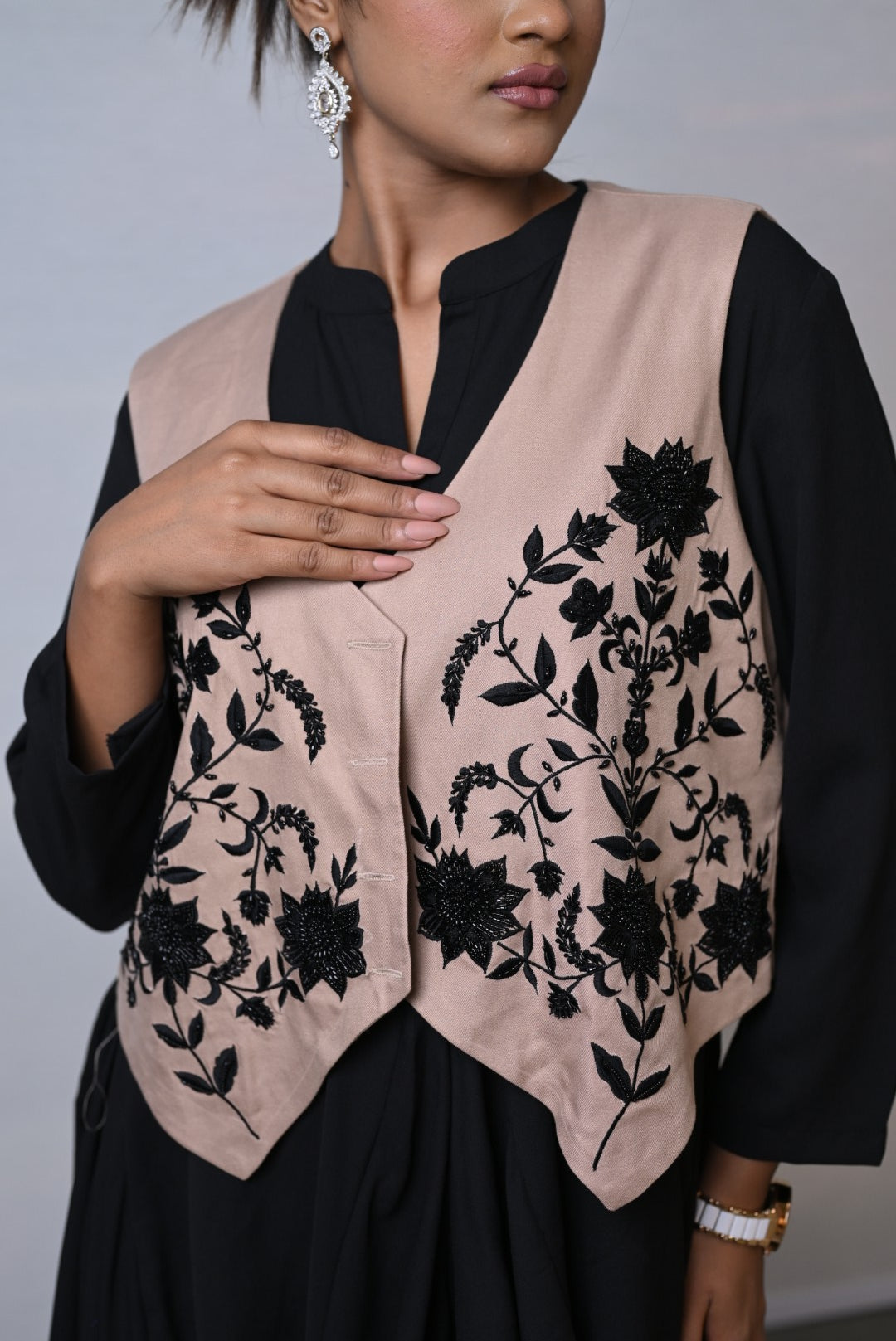 Black Cowl Dress with Nude Embroidered Jacket