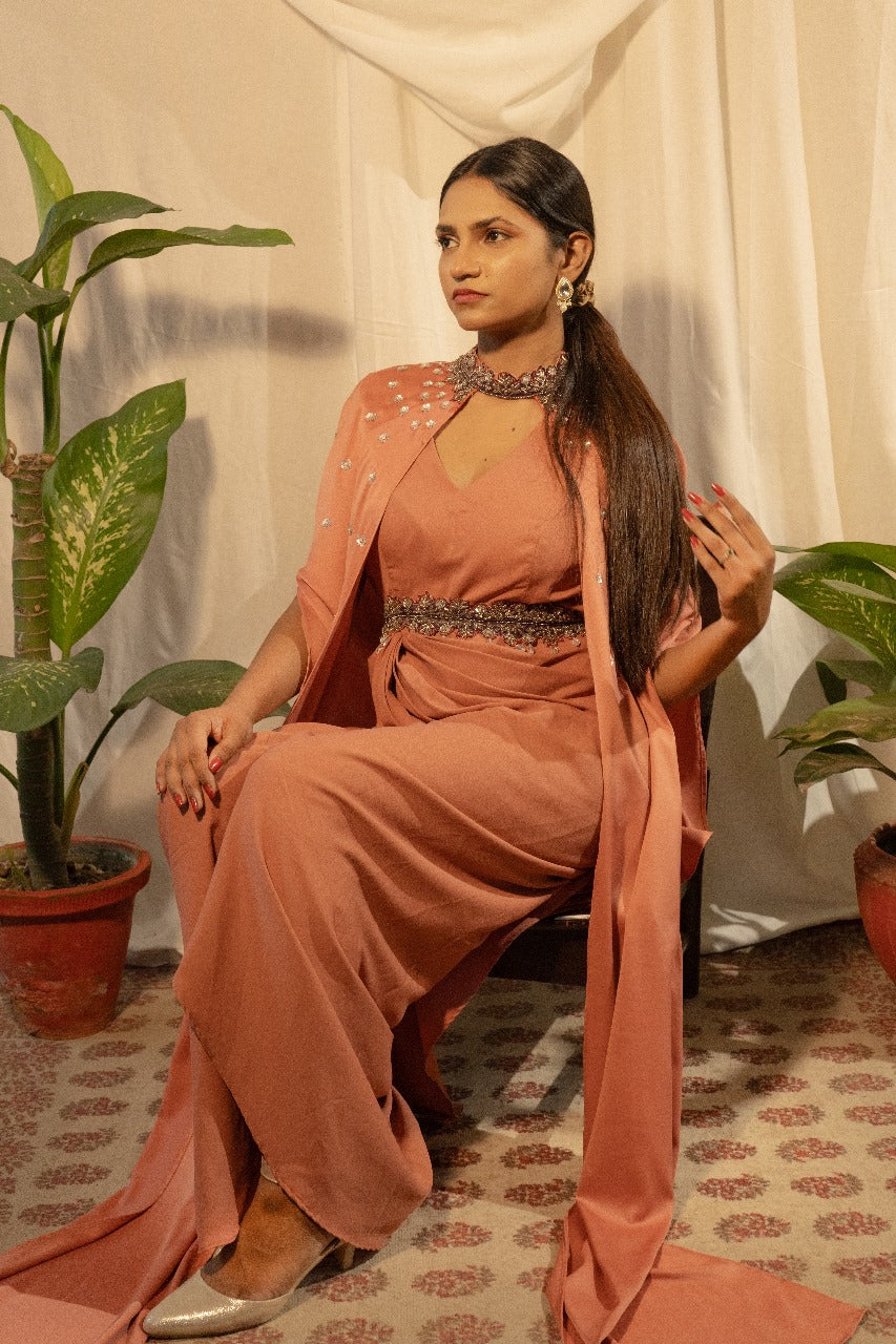 Draped gown with embroidery overlay