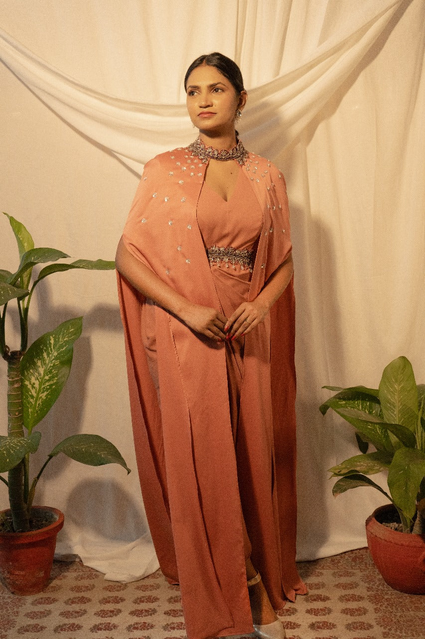 Draped gown with embroidery overlay
