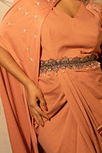 Draped gown with embroidery overlay