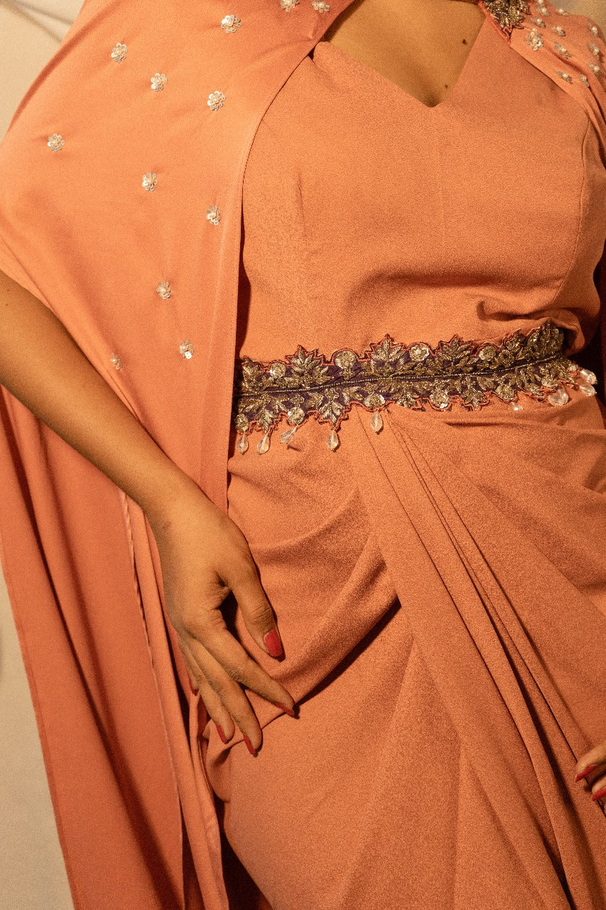 Draped gown with embroidery overlay