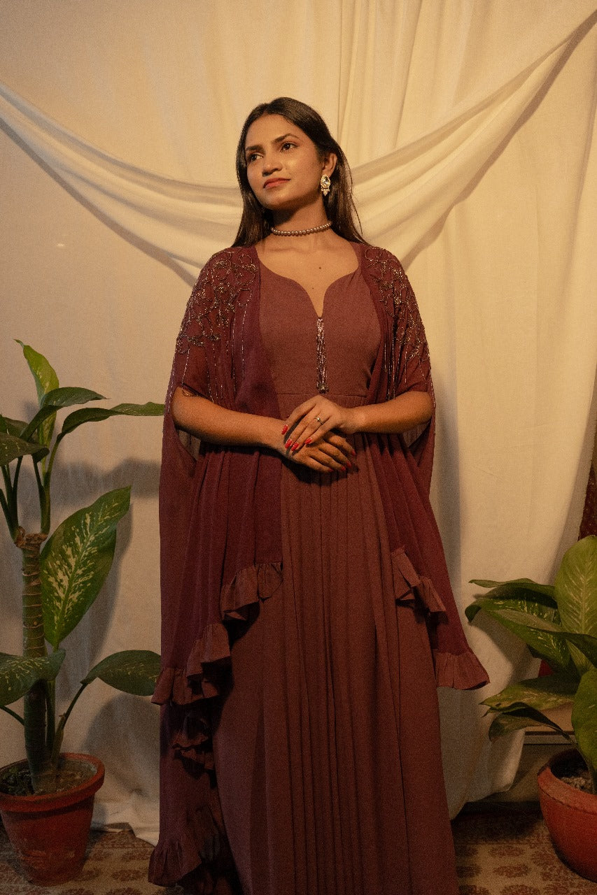 Pleated gown with shrug