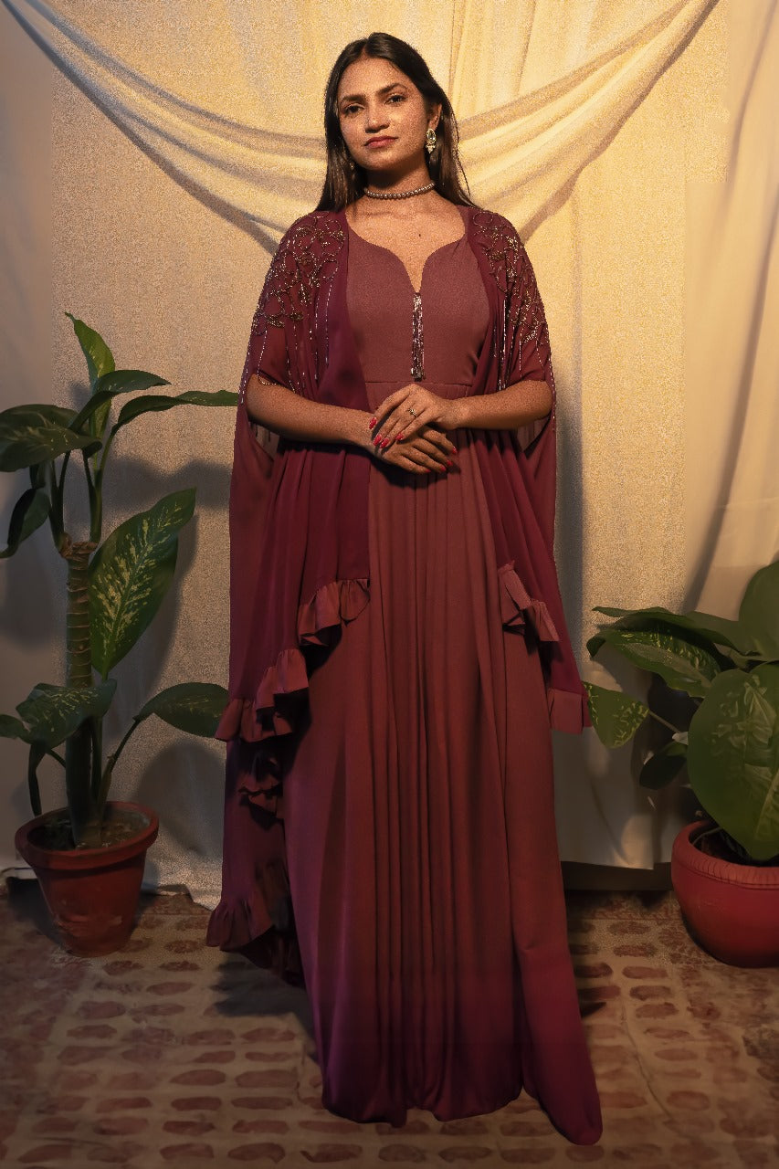 Pleated gown with shrug