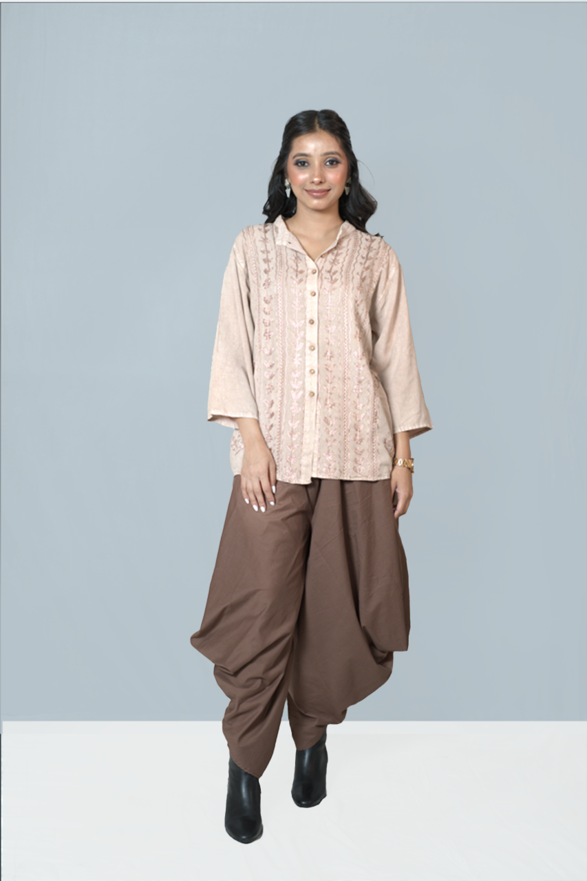 Beige Embroidered Shirt with Brown Draped Dhoti Pants Set