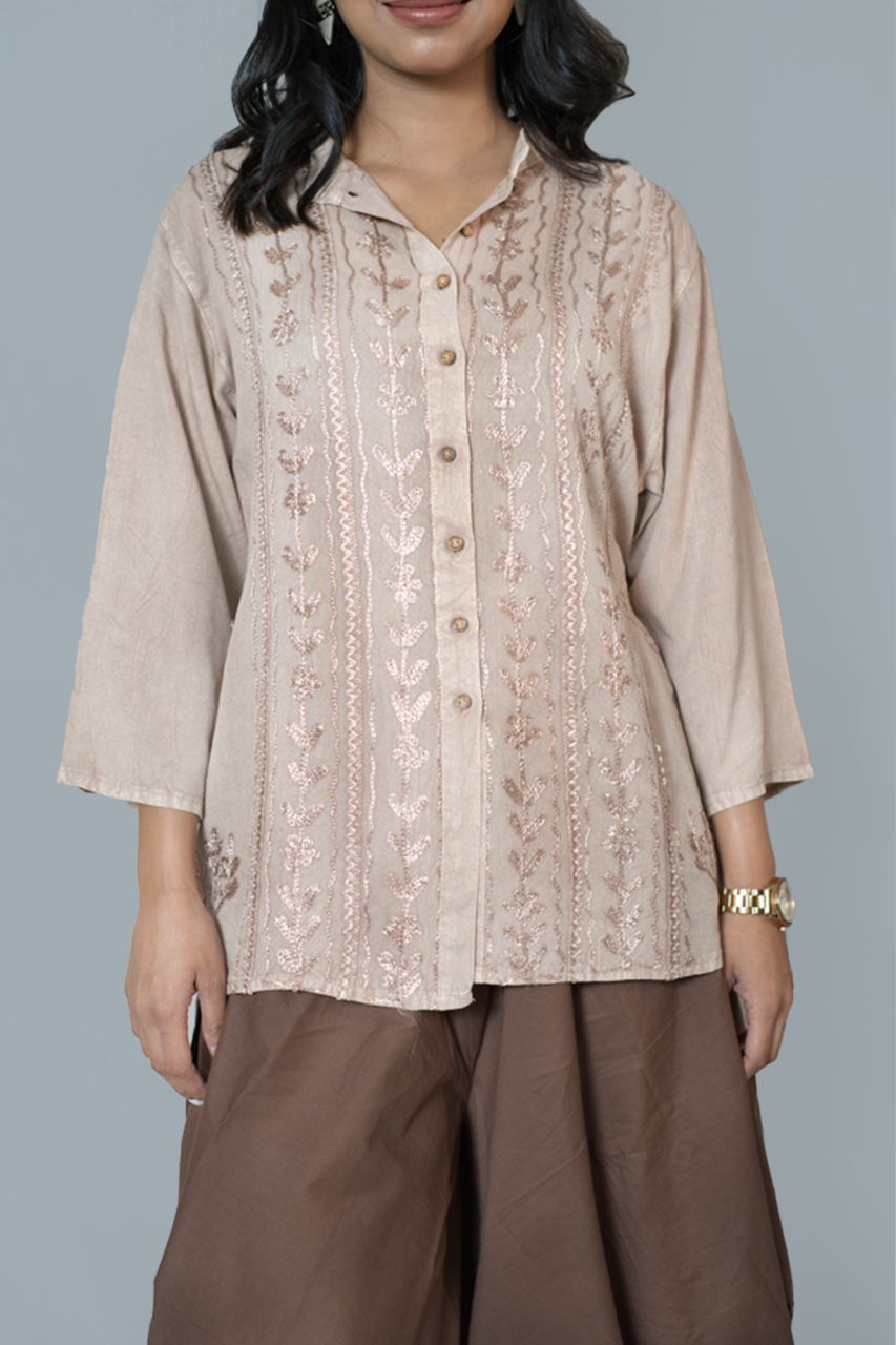 Beige Embroidered Shirt with Brown Draped Dhoti Pants Set